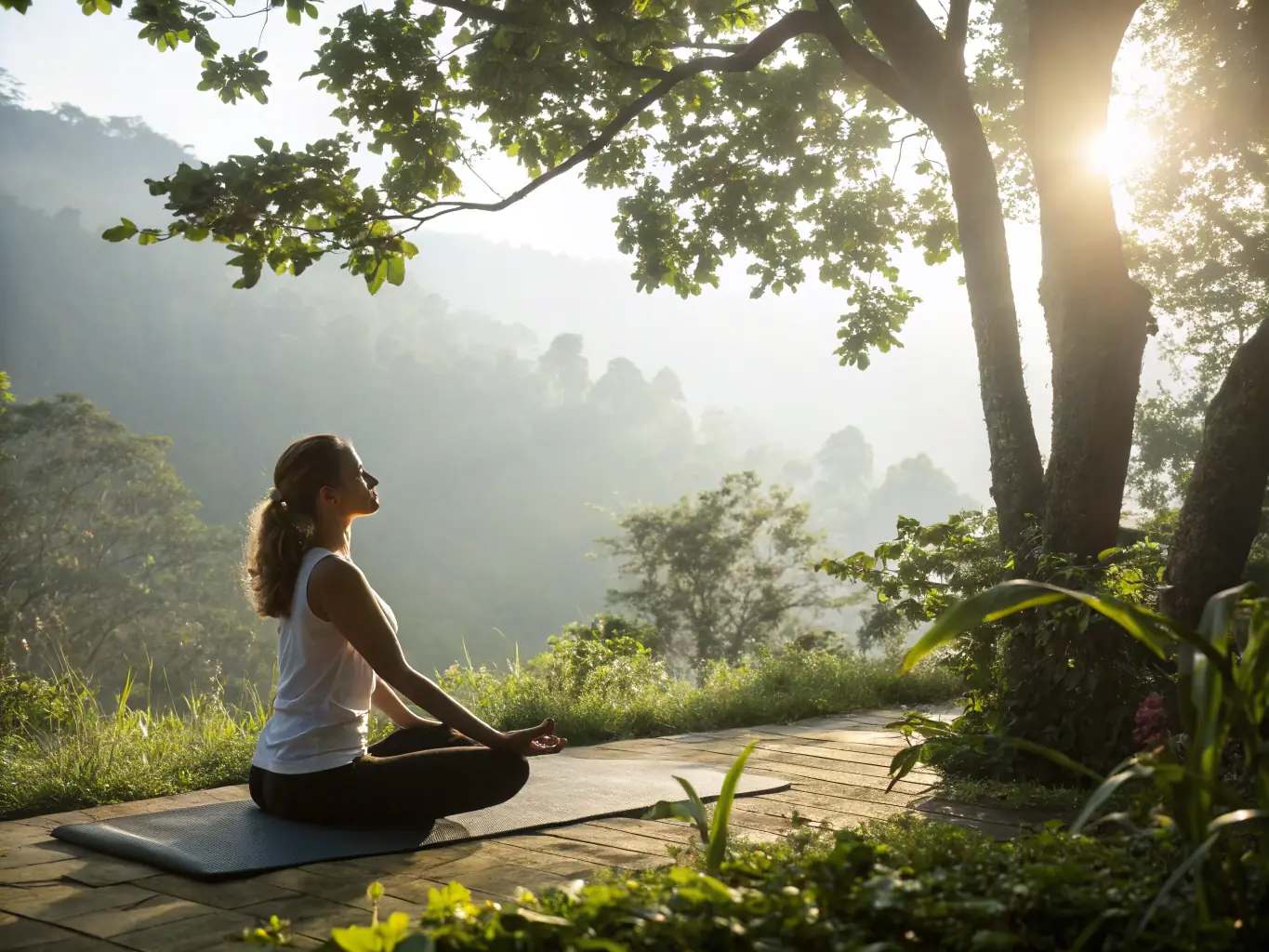 A person is stretching and doing yoga in a serene outdoor setting, highlighting the holistic approach of the overall health improvement program. The focus is on flexibility, balance, and mindfulness.