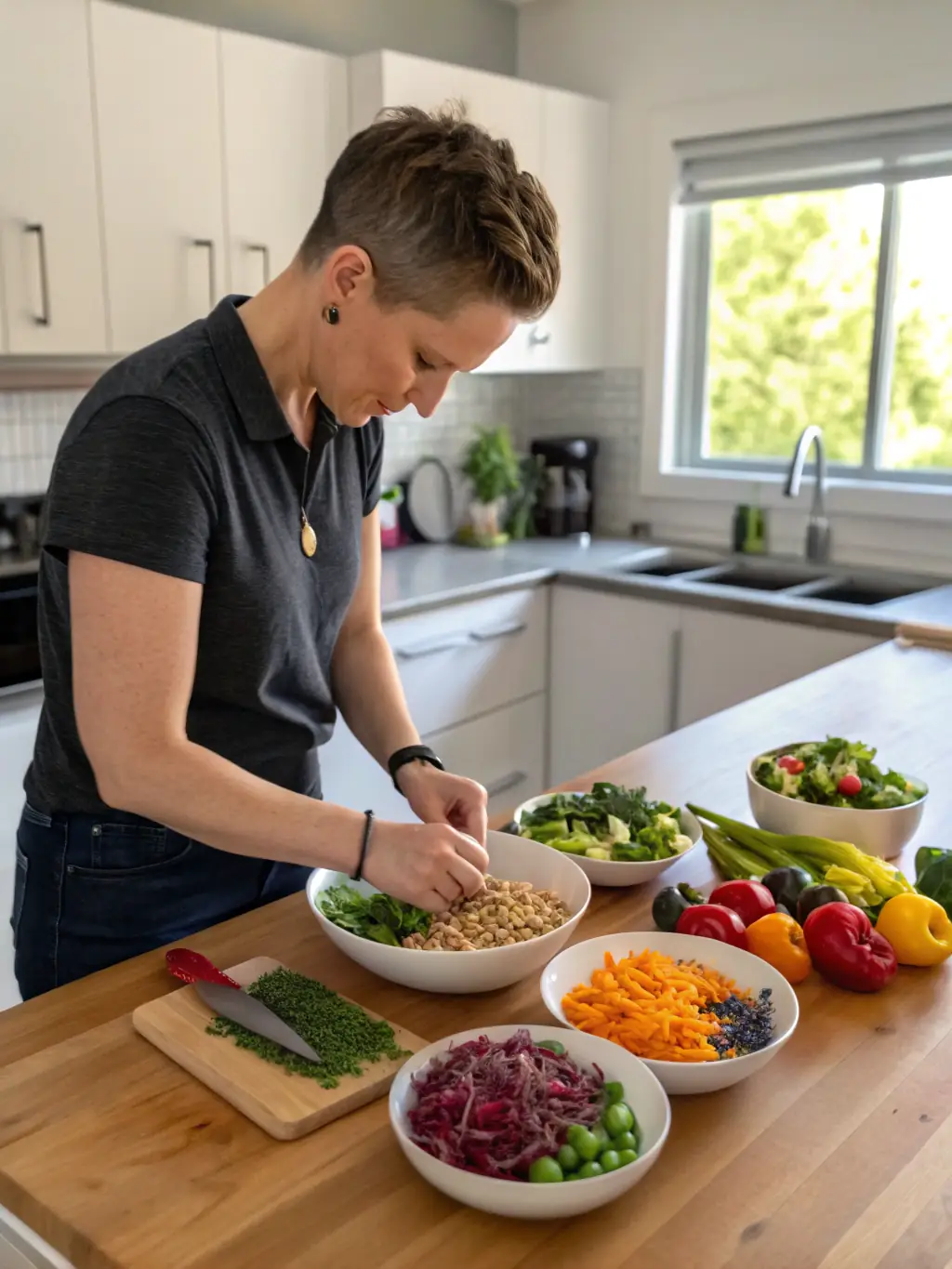 A person happily preparing a healthy meal in their kitchen, following a recipe from a Muscle Beard nutrition plan on their tablet.
