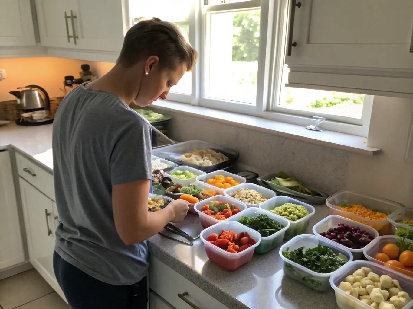 A person is preparing a healthy meal in their kitchen, emphasizing the importance of nutrition in the fat loss program. The meal consists of lean protein, vegetables, and complex carbohydrates.