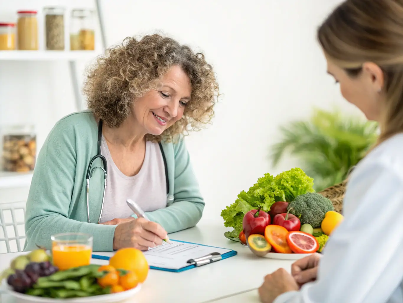 An image of healthy meals and a nutritionist reviewing a meal plan on a laptop, representing Muscle Beard's nutritional coaching services.