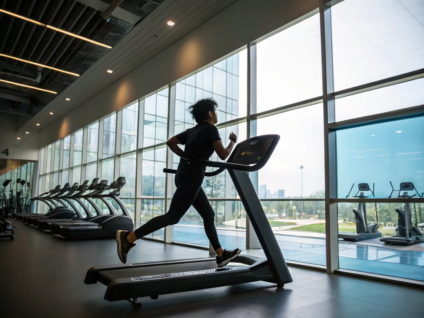 A person running on a treadmill with a determined expression, representing the fat loss program.