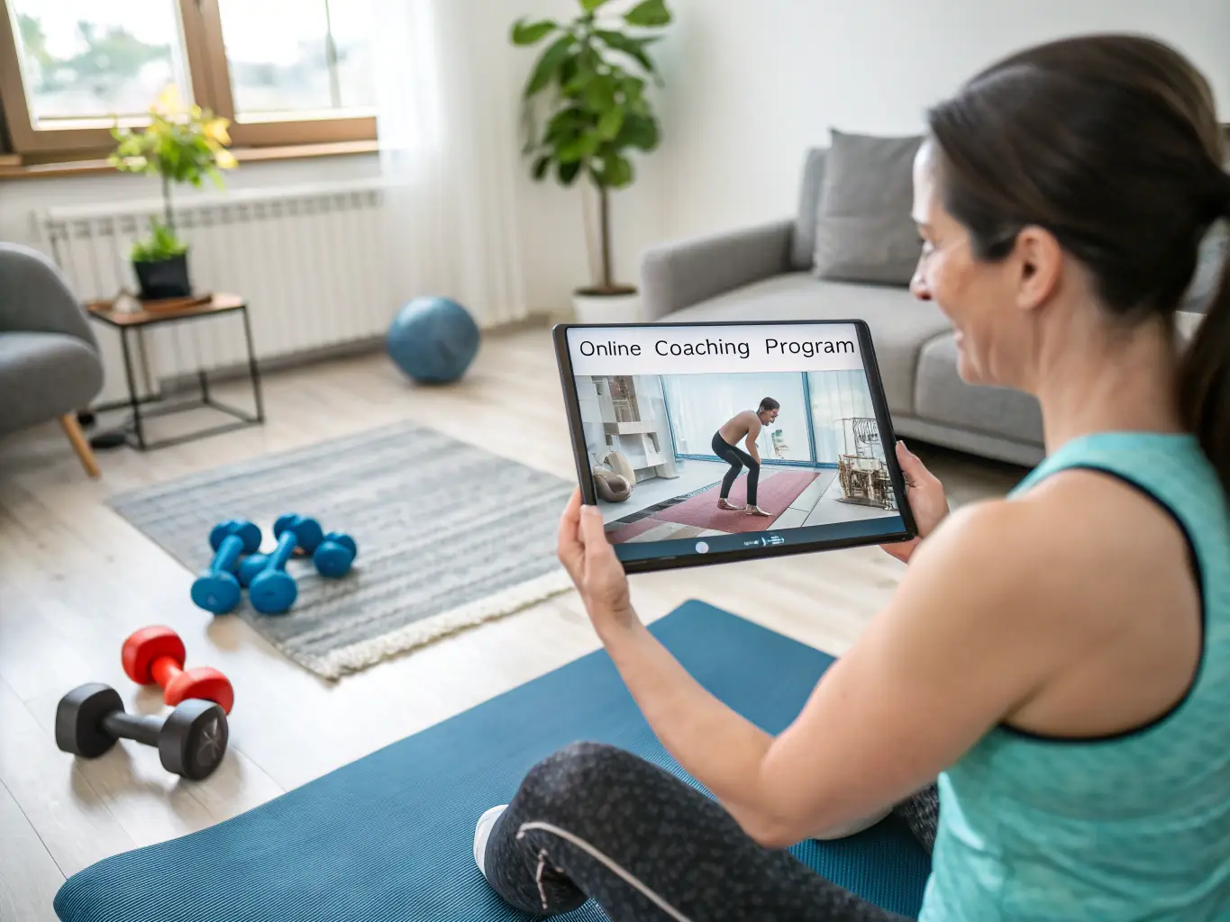 An image of a person working out at home with a tablet displaying a personalized workout plan, showcasing Muscle Beard's online training platform.