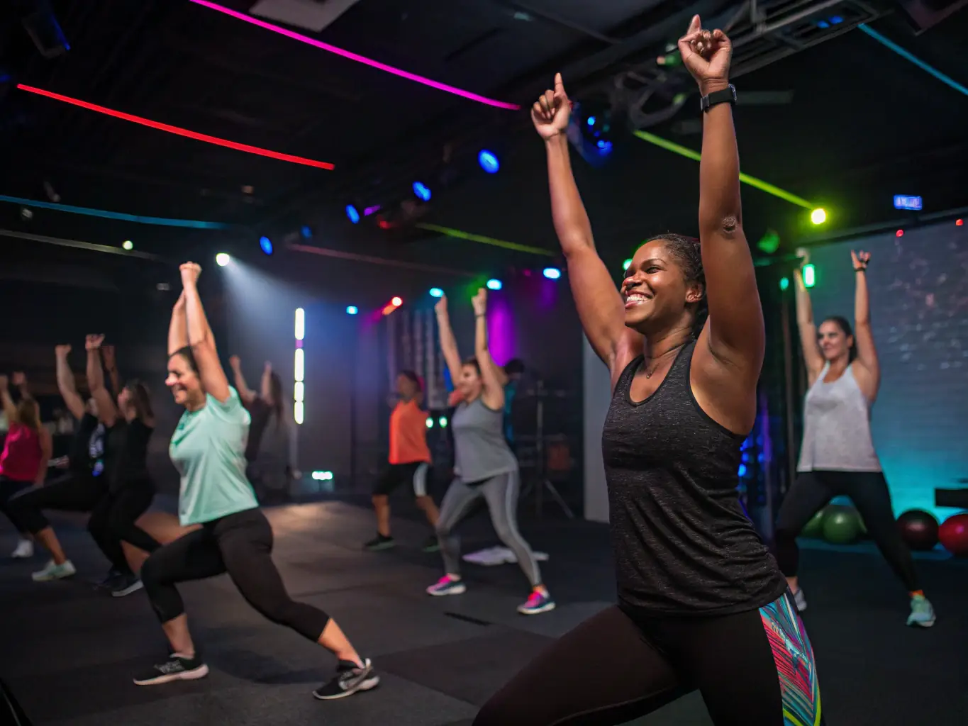 A dynamic image of a diverse group of people participating in an online fitness class, led by a Muscle Beard trainer.