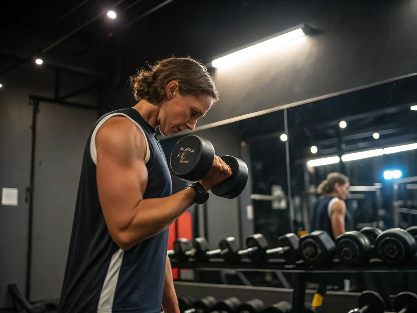A person is performing a deadlift with perfect form in a well-lit home gym, showcasing the strength training aspect of the muscle gain program. The focus is on proper technique and controlled movement.